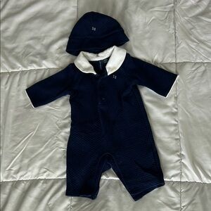 Janie and Jack Navy Blue Baby Boy Romper and Hat 0-3 months
